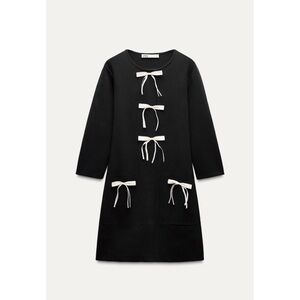 Zara black knit dress with contrast bow ties mini short long sleeve Large classy